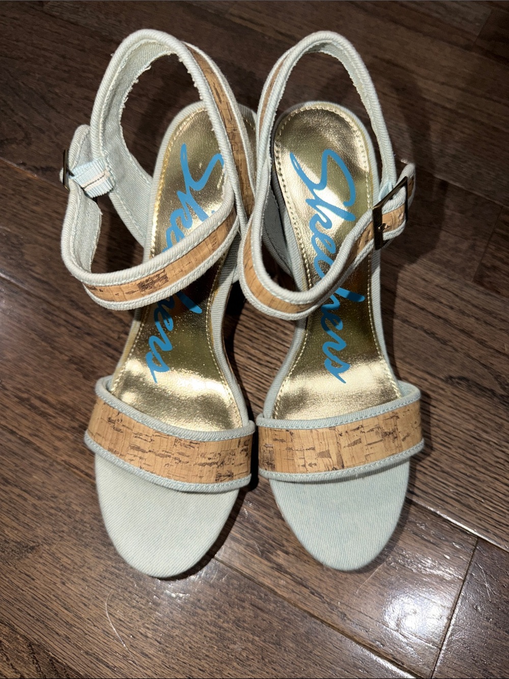 Skechers Wild Ride Denim Cork Wedge Sandals Women’s Size 9